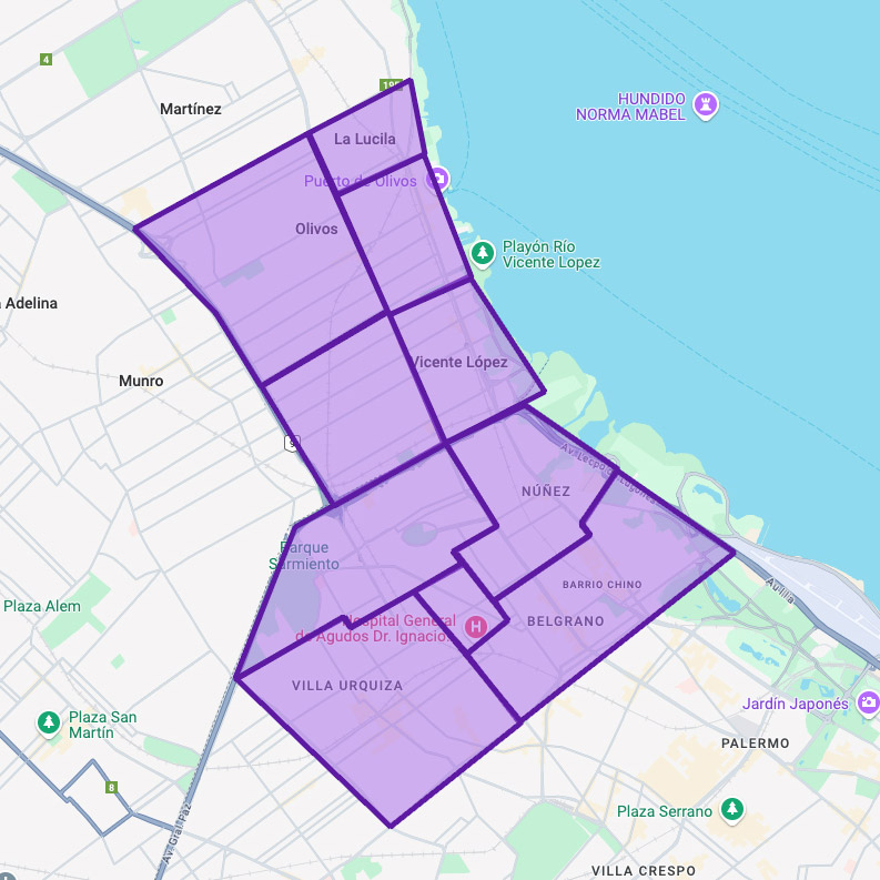 Mapa indicando la zona de cobertura de Woofy